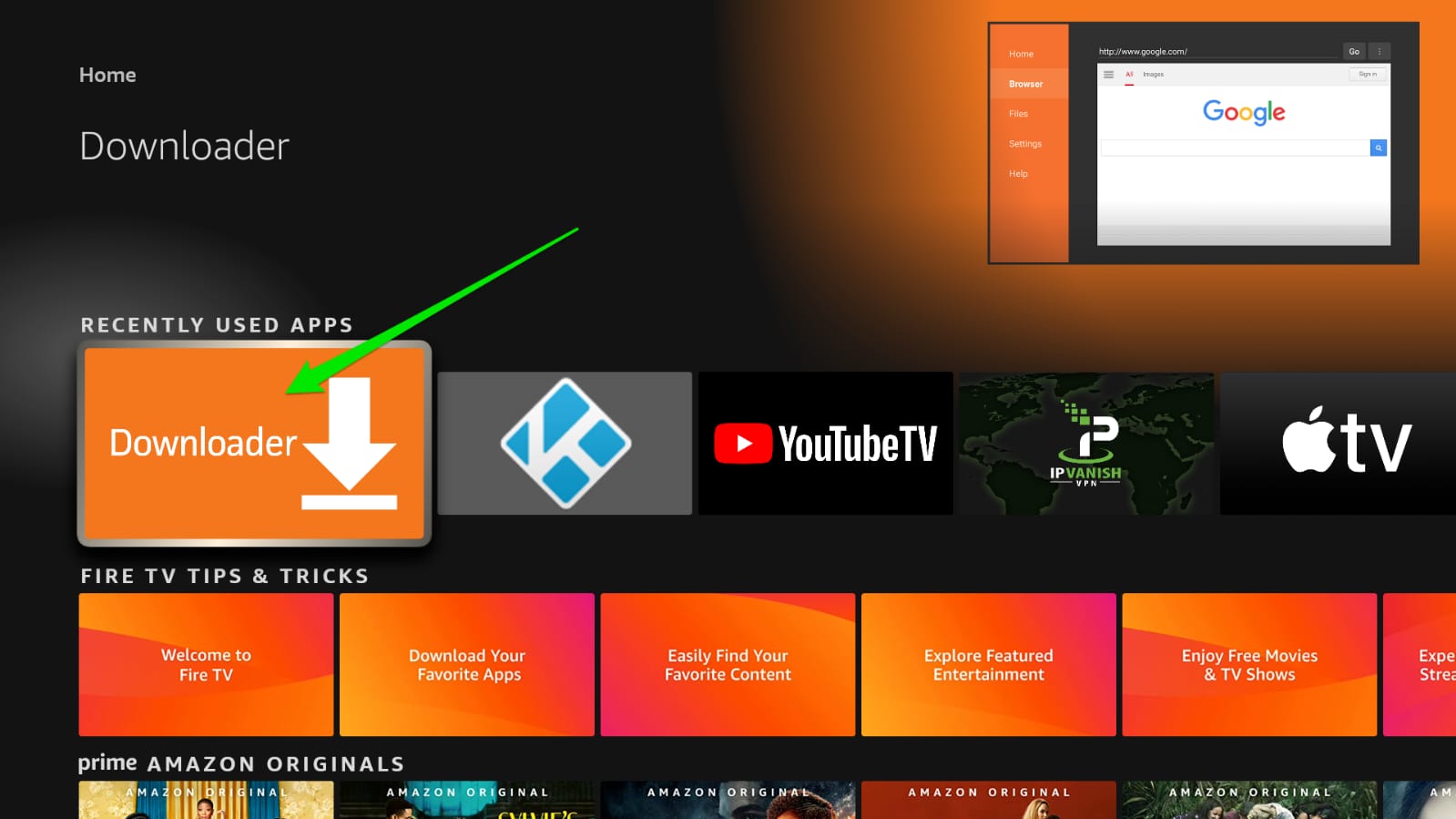 Downloader app shown in Amazon Firestick Appstore search results